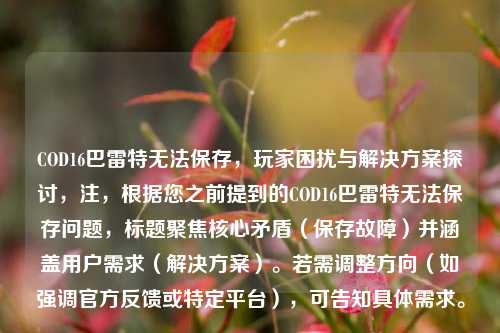 COD16巴雷特无法保存，玩家困扰与解决方案探讨，注，根据您之前提到的COD16巴雷特无法保存问题，标题聚焦核心矛盾（保存故障）并涵盖用户需求（解决方案）。若需调整方向（如强调官方反馈或特定平台），可告知具体需求。